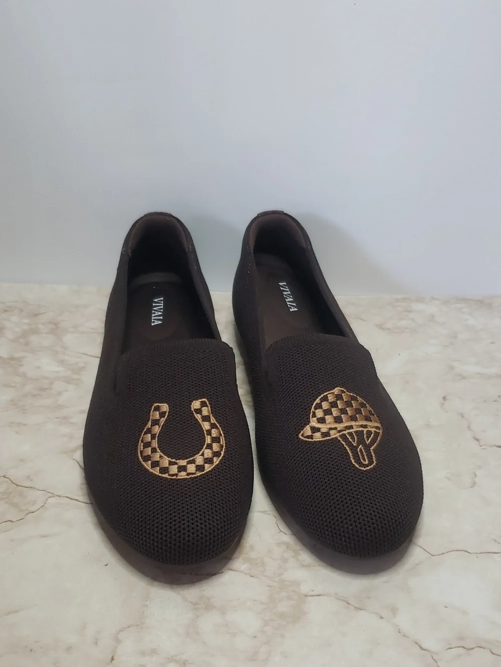VIVALA Audrey Brown Slip-On Loafers with Gold Embroidery Size 38 New